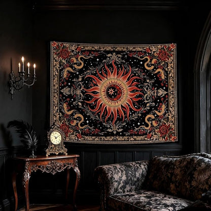 Neasow Gothic Sun Tapestry,Vintage Rose Snake Floral Wall Hanging, Mystic Retro Black Red Decor for Home Bedroom Living Room, 60x80 inches