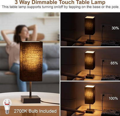 Table Lamp for Bedroom, 3 Way Dimmable Touch Bedside Lamp, Small Lamp with 2 USB C+A Charging Ports, Black Nightstand Lamps for End Table, Living Room, Desk, Bulb Included