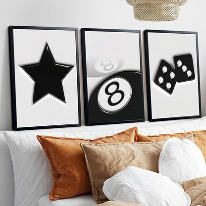 Black And White Wall Art Set of 3, Vintage Y2k Dice 8 Ball Canvas Prints Painting, Funky Lucky Preppy Posters Pictures For Game Room Apartment Dorm Teenager Room Wall Decor 16x24 Inch Framed