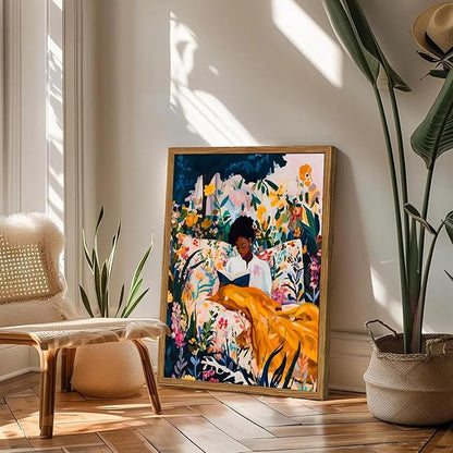 Framed Black Woman Reading Wall Art, Boho Black Girl Colorful Floral Paintings Wall Decor, African American Pictures Canvas Prints Aesthetic Home Decor for Living Room Bedroom Dorm 16x24 inch