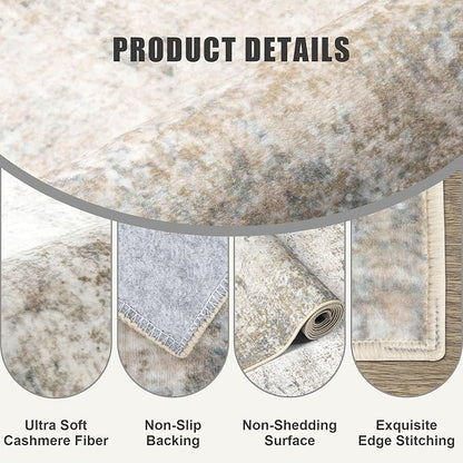 Round Area Rug for Living Room: 8 ft Washable Modern Abstract Soft Thin Rug Indoor Floor No Slip Stain Resistant Carpet for Bedroom Dining Room Farmhouse Nursery Home Office - Brown Grey