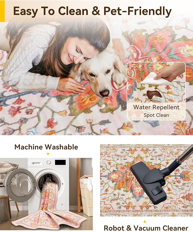 RELEANY Area Rugs 2'x5' Runner Rug Non Slip Washable for Kitchen Hallway Bedroom Beside Laundry Room Bathroom Rug, Floor Carpet, Light Pink Colorful