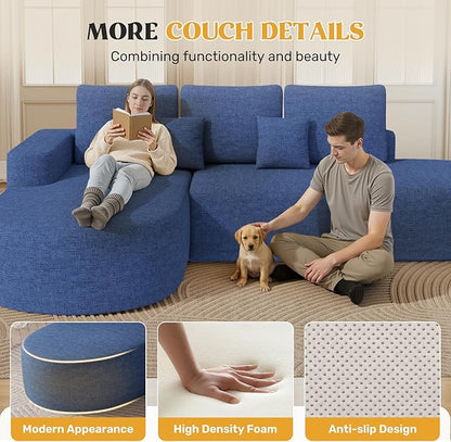 112" Modern Curved Cloud Couch, Chenille Boneless Couches for Living Room with Deep Seat, Memory Foam Compressed Modular Sectional Sofa, No Assembly Required,Navy Blue 1 PCS