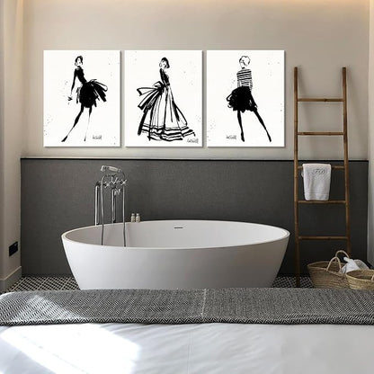 Chadow Artwork 3 Pieces Girl in Black Dress Wall Art Bathroom Art Fashion Women Canvas Pictures for Bedroom Beauty Salon Bathroom Makeup Room Decor 12"x16" (30cmx40cm)