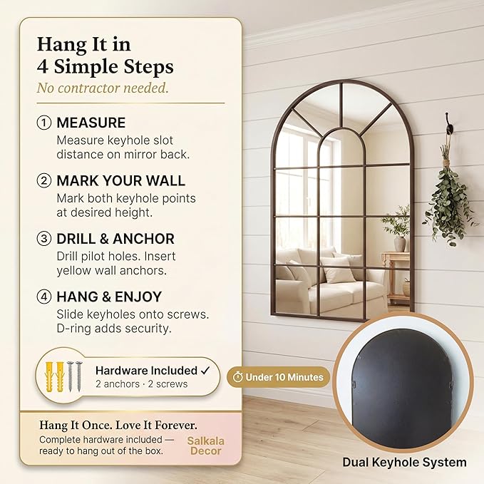 Black Arched Window Mirror | Farmhouse Decorative Wall Mirrors for Living Room, Bedroom, Entryway, Bathroom Vanity, Fireplace Mantel | Window Pane Mirror Wall Decor | Arch Mirror Modern Accent Décor