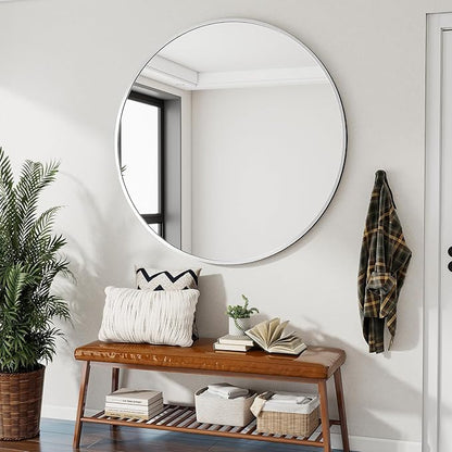 VooBang Black Round Bathroom Mirror, 42 inch Large Circle Wall Mounted Hanging Mirror with Simple Modern Circular Metal Frame for Hallway, Entryway, Living Room, Silver Frame