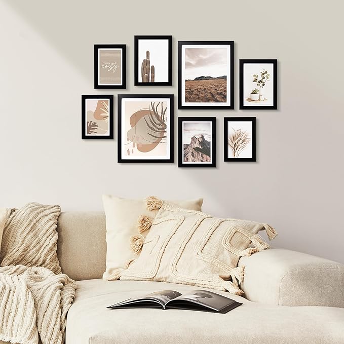 ArtbyHannah Gallery Wall Frame Set,Black Picture Frames Collage Wall Decor with Neutural Art for Living Room Stariway,8 Pack Assorted Size 8"x10",5"x7",4"x6", Small