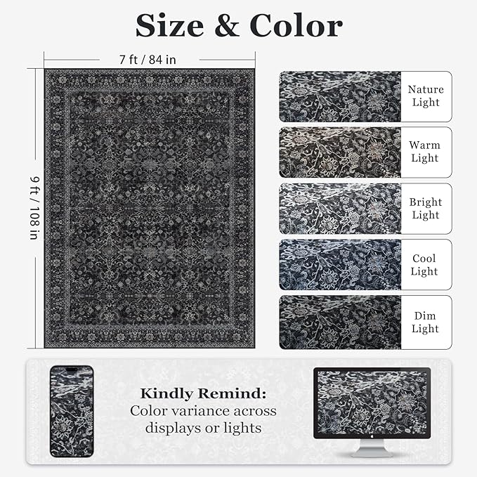 Vintage Dark 7x9 Rugs for Bedroom, Washable Non Slip Low Pile Thin Area Rug for Living Room Dining Room, Farmhouse Carpet Rug for Playroom Guest Room Home Office, Farmhouse Distressed Midnight