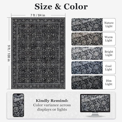 Vintage Dark 7x9 Rugs for Bedroom, Washable Non Slip Low Pile Thin Area Rug for Living Room Dining Room, Farmhouse Carpet Rug for Playroom Guest Room Home Office, Farmhouse Distressed Midnight