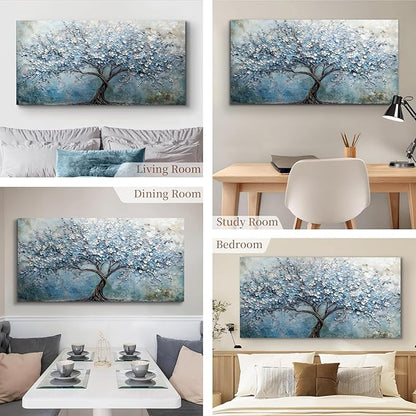 crmotu Tree of Life Large Wall Art, Cherry Blossom Abstract Canvas Painting, Blue Flowers Tree Art Prints, Modern Neutral Aesthetic Pictures Wall Decor Living Room Bedroom Bathroom Office 20"X40"