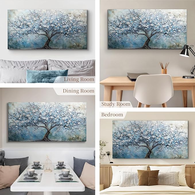 crmotu Tree of Life Large Wall Art for Living Room, Cherry Blossom Tree Abstract Art Prints Canvas Pictures, Modern Blue White Aesthetic Painting Bedroom Bathroom Home Office Wall Decor 29"X57"