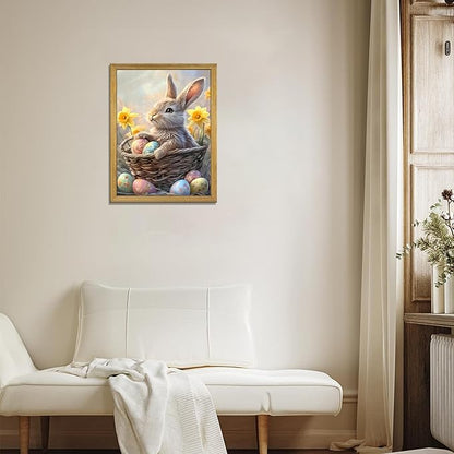 Easter Bunny Wall Art, Cute Rabbit Canvas Wall Decor Painting, Easter Eggs Poster Print Picture, Spring Farmhouse Animal Oil Painting for Living Room Bedroom Kitchen Holiday Home Decor 16x24 Inch Wood Framed