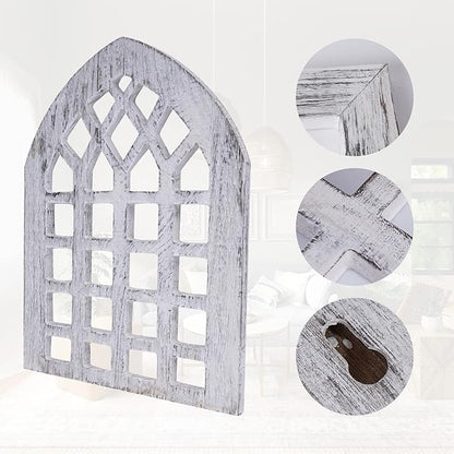 WAKOSAN Rustic Wood Window Frame with Green Wreath and Arrows Wall Decor，Farmhouse Window Frame Hanging Decor, Wooden Fake Decoration,Window Pane Wall Decor,Set of 2 (windows white)