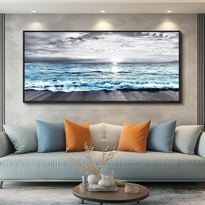 Wapluam Framed Wall Art for Bedroom Decor, Beach Canvas Wall Art Large Ocean Sunset Seascape Print, Modern Coastal Landscape Artwork for Living Room Bathroom Home Decor Ready to Hang 32x72 In