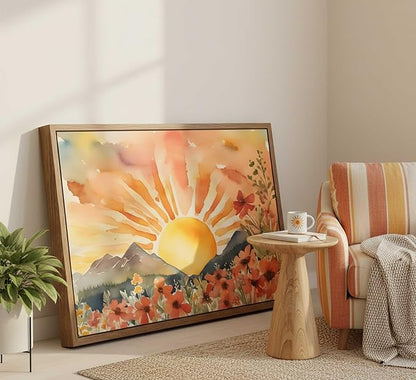 Framed Boho Sun Canvas Wall art Mid-Century Modern Abstract Bohemian Sunset in The Mountains Watercolor Wildflowers Sunrise Landscape Picture Wall Decor Poster Print Artwork for Living Room