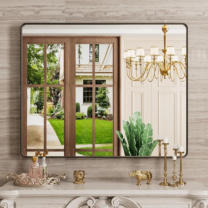 JISOSO Black Bathroom Mirror 40X36 Inch, Black Metal Framed Mirror for Wall, Rounded Rectangle Matte Bathroom Vanity Mirror with Tempered Glass, Anti-Rust, Horizontal/Vertical
