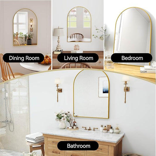 SCWF-GZ 24x36 Arch Mirror Rectangle Full Length Wall Mounted Hanging or Against Wall Metal Aluminum Alloy Frame Dressing Make-up Mirrors for Entryway Bedroom Bathroom Living Room 24 36 inch Gold