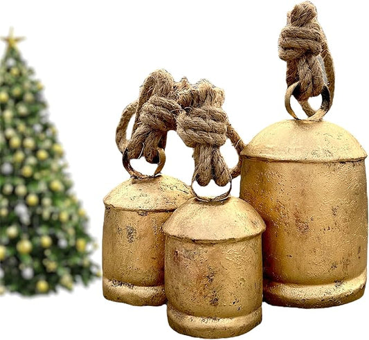 Set of 3 Giant Harmony Decorative Bells Vintage Rustic Home Decor Handmade Christmas Large Bells 8" 6" 4" (6" 4" 3")