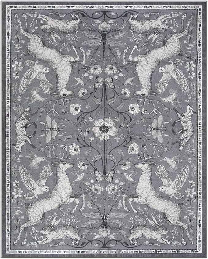 Lahome 8x10 Washable Deer Rug, Dorval Boho Woodland Vintage Area Rug, Non Slip Low Pile Large Grey Carpet for Living Room Bedroom Dining Room Kitchen Nursery Farmhouse Decor