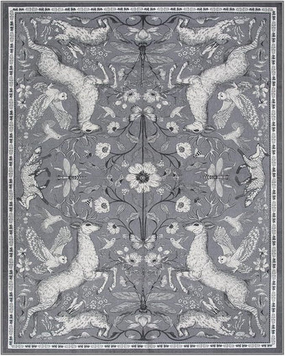 Lahome 8x10 Washable Deer Rug, Dorval Boho Woodland Vintage Area Rug, Non Slip Low Pile Large Grey Carpet for Living Room Bedroom Dining Room Kitchen Nursery Farmhouse Decor