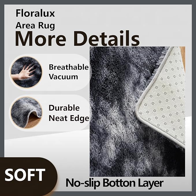 Floralux Shag Rug 5x7 for Living Room, Tie-Dyed Dark Grey, Soft Fluffy Area Rug, High-Pile Plush Indoor Carpets for Bedroom, Playroom, Nursery