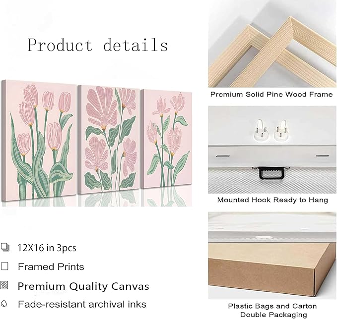 3 Pcs Pink Tulips Flowers Canvas Wall Art Boho Pink and Green Abstract Floral Botanical Paintings Pictures Wall Decor Poster Print Artwork for Living Room Bedroom Home Decoration