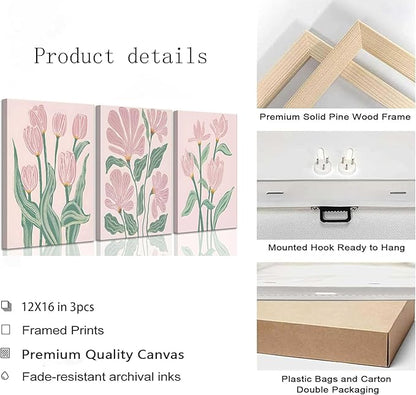 3 Pcs Pink Tulips Flowers Canvas Wall Art Boho Pink and Green Abstract Floral Botanical Paintings Pictures Wall Decor Poster Print Artwork for Living Room Bedroom Home Decoration