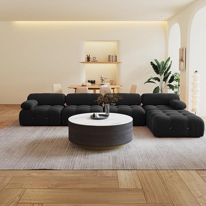 138'' Modular Sectional Couch, L-Shaped Velvet Sofa with Reversible Chaise Ottoman, Minimalist Bubble Couch, Modern Black Sectional Couches for Living Room, Apartment (4 Seats, 1 Ottoman, Black)