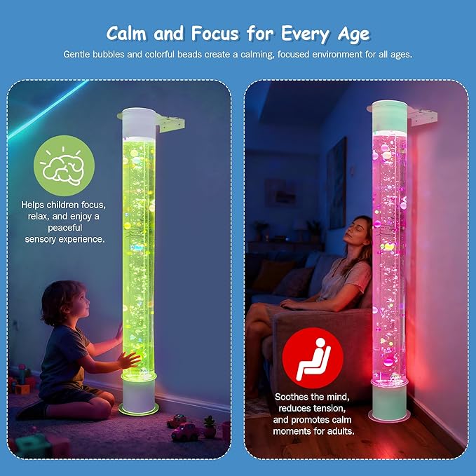 6FT Floating Balls & Colorful Beads Bubble Tube – Color-Changing LED with Remote & App, Works with Multiple Wireless Controllers, Sensory Night Light with Wall Bracket for Home & Therapy Rooms