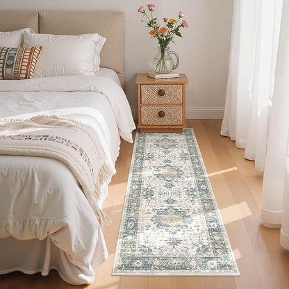 EIEIHOUSE Washable 2x6 Runner Rug - Area Rugs Neutral Vintage Distressed Floral Farmhouse Boho Large Soft Floor Rug Indoor Carpet for Hallway Entryway Bedroom Kitchen - Green/Grey
