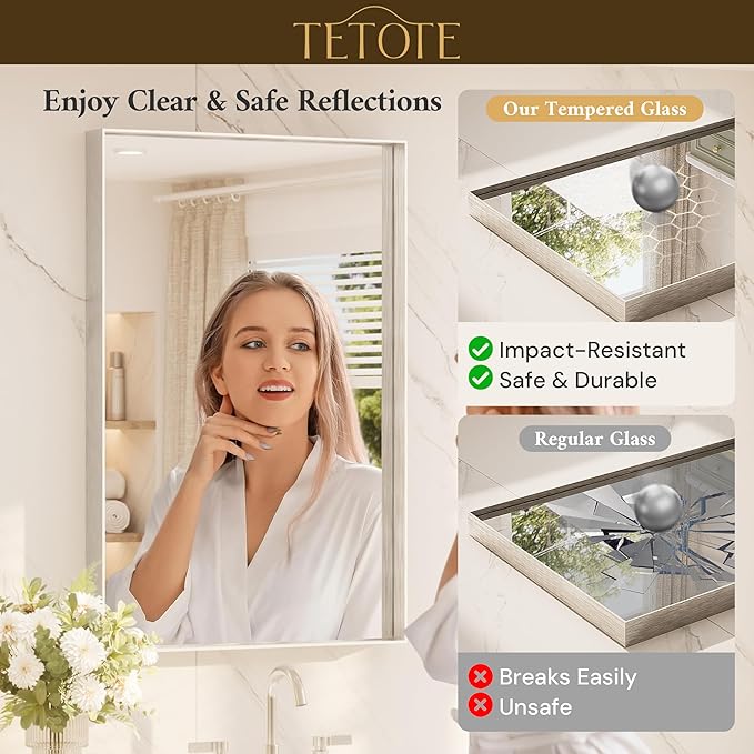 TETOTE Brushed Nickel Mirror 40" x 30" Bathroom Vanity Mirror for Over Sink Brushed Nickel, Tempered Glass, Modern Farmhouse Rectangle Frame Wall Mirrors for Bathroom, Bedroom, Entryway, Living Room