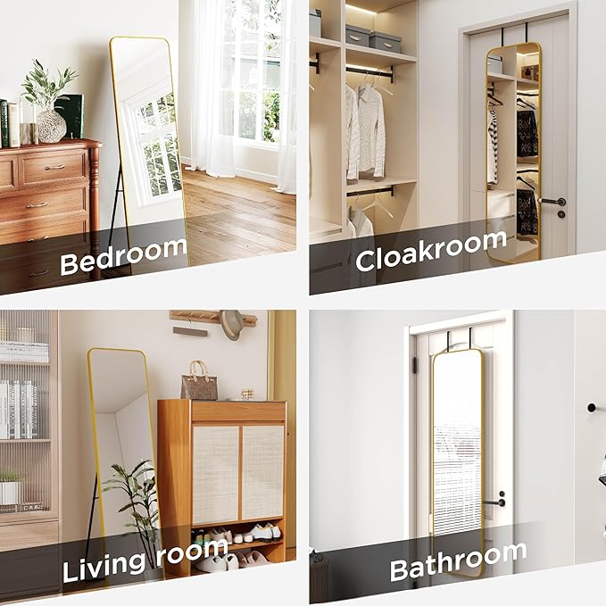 SCWF-GZ 57x16 Door Hanging Full Length Mirror, Floor Stand (Height 5.7ft just Body in1.3ft) Wall Mounted Metal Frame Rectangle Dressing Mirrors for Bedroom Bathroom Room 57 inch Gold