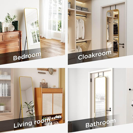 SCWF-GZ 57x16 Door Hanging Full Length Mirror, Floor Stand (Height 5.7ft just Body in1.3ft) Wall Mounted Metal Frame Rectangle Dressing Mirrors for Bedroom Bathroom Room 57 inch Gold