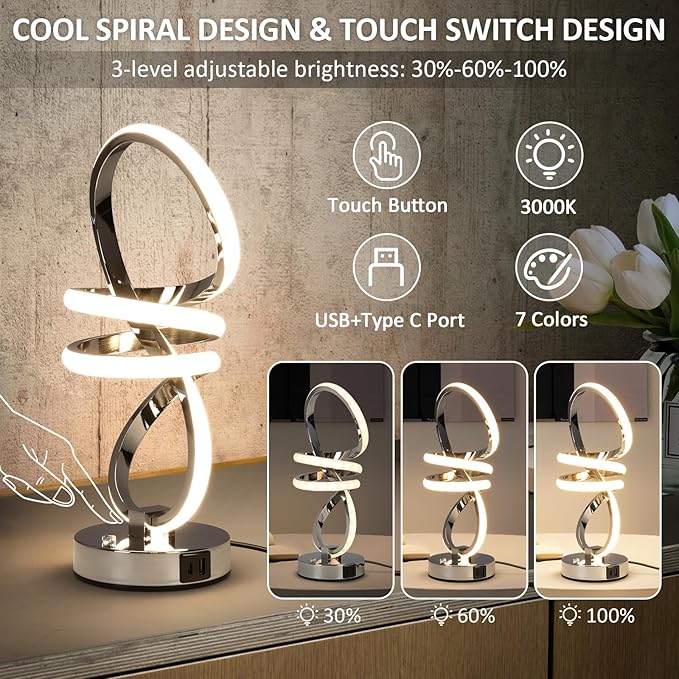 EIDISUNY RGB Spiral Table Lamp, Modern LED Table Lamp, Chrome Cool Bedside Lamps, 7 Colors & 10 Light Modes Touch Dimmable LED Nightstand Lamp with USB/Type C for Bedroom, Living Room,Silver