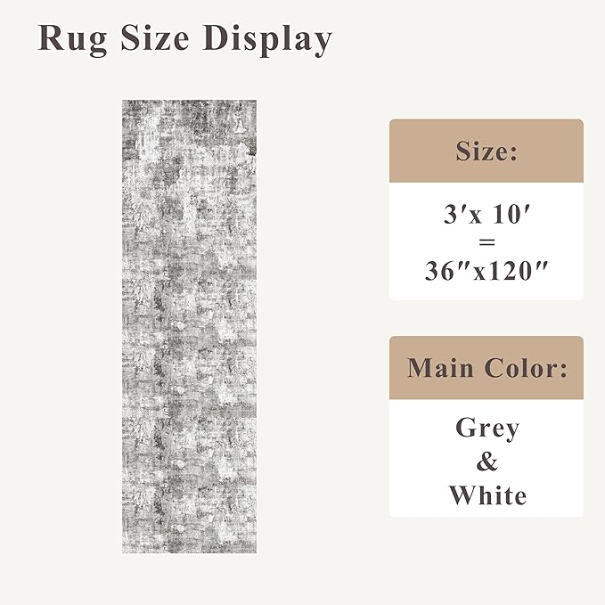 Rug Runners for Hallways Non Slip – 3X10 Washable Long Carpet Runner for Kitchen Indoor Entryway, Bedroom, Living Room,Modern Abstract Low-Pile Thin Grey Runner