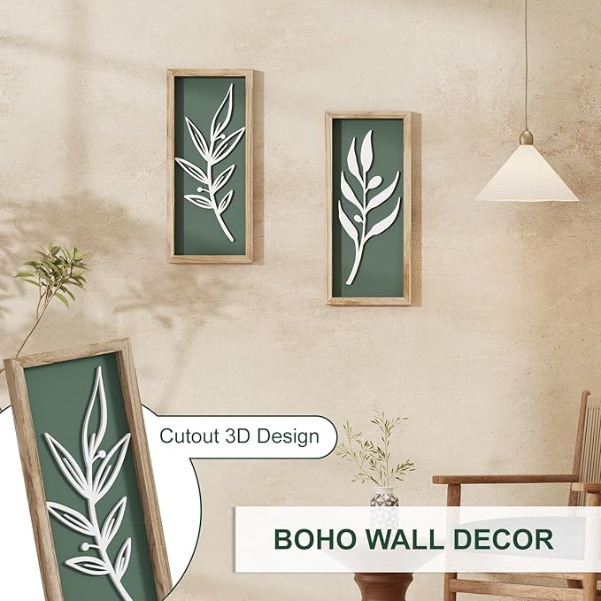 3D Wooden Leaf Sage Green Boho Wall Art (Set of 2) Lightweight, Vintage Framed Bathroom Botanical Wall Art for Bedroom, Living Room, Kitchen,Office and Hallway Decorations
