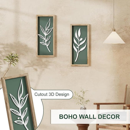3D Wooden Leaf Sage Green Boho Wall Art (Set of 2) Lightweight, Vintage Framed Bathroom Botanical Wall Art for Bedroom, Living Room, Kitchen,Office and Hallway Decorations