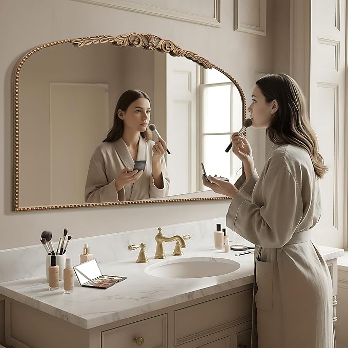 Besdomus Gold Large Fireplace Mirror: 48"x 33" Baroque Vintage Arched Mirror - Traditional Ornate Antique for Bathroom/Vanity/Mantel/Bedroom/Entryway/Hallway - Home Decor for Living Room