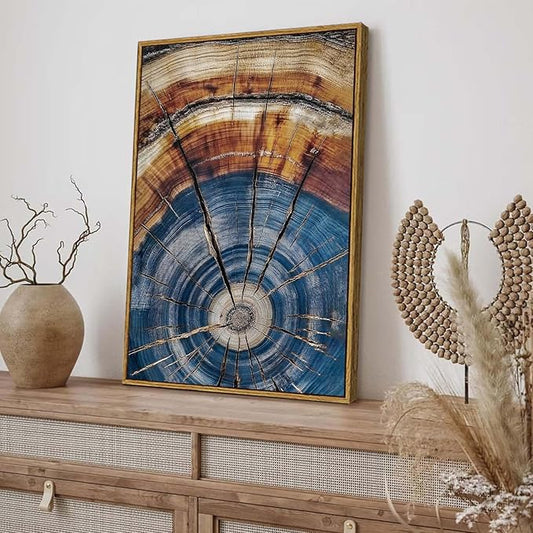 BingruiArt Framed Tree Ring Canvas Wall Art Abstract Wood Wall Decor Boho Modern Colorful Nature Painting Wood Stump Prints Pictures for Living Room Bedroom Bathroom Office 16"x24" Natural Framed(02)