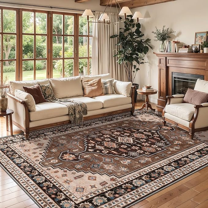 Tangsoo 6x9 Area Rug for Living Room,Machine Washable Large Rugs Non-Slip Boho Rug,Vintage Brown Beige Carpet Farmhouse Soft Low Pile Foldable Floor Rug for Bedroom Dining Room Dorm Home Office