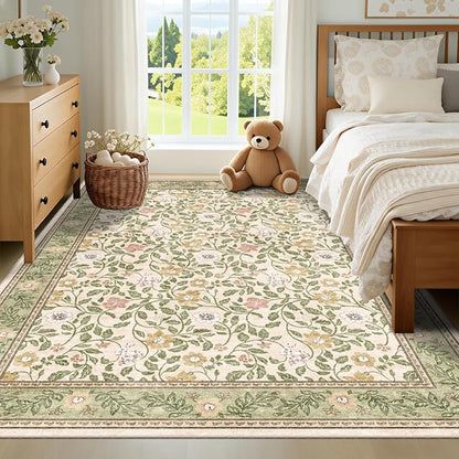 Floral 6x9 Area Rugs Machine Washable Boho Low Pile Soft Vintage Carpet for Living Room with Non Silp for Bedroom,Dining Room,Laundry Indoor,Beige/Green