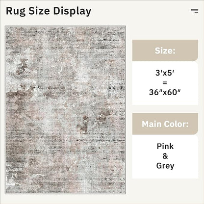 Soalmost 3x5 Rug, Abstract Small Area Rug for Kitchen, Entryway, Machine Washable Non-Slip Throw Rug, Vintage Carpet for Nursery Coffee Table Pink Grey