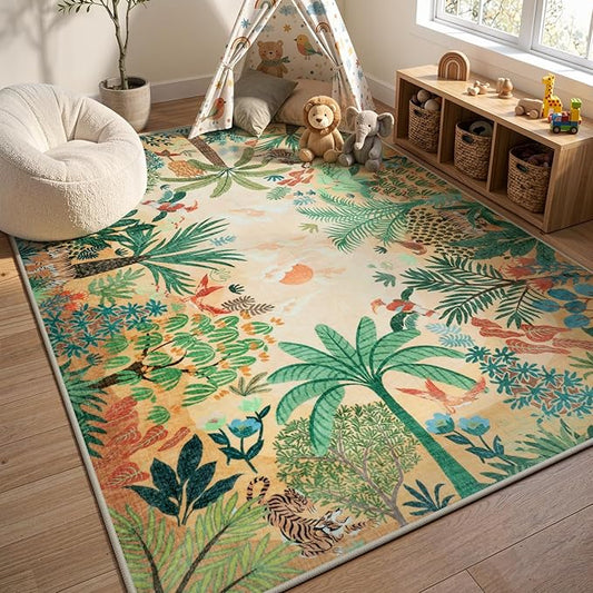 LIVEBOX Boho 8x10 Area Rugs for Living Room, Washable Soft Jungle Animal Print Rug for Bedroom, Farmhouse Non Slip Rug Floor Carpet, Forest Dining Room Rugs for Under Table