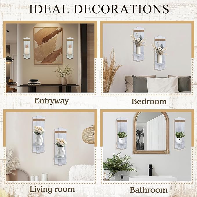 Alphatool Farmhouse Wall Decor Candle Sconces - 2 Pcs Vintage Rustic Handmade Wooden Wall-Mount Candle Holders for Bedroom Livingroom Home Hanging Art Decorations Accessories Gifts, Grayish-White