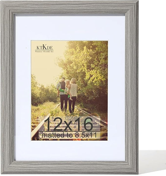 KTKDE 12x16 Picture Frame Real Glass,Poster frame Display Pictures 8.5x11 with Mat or 12x16 Without Mat, Modern Style Wood Composite Frame,Gallery Wall Frame Wooden Grey，best gift