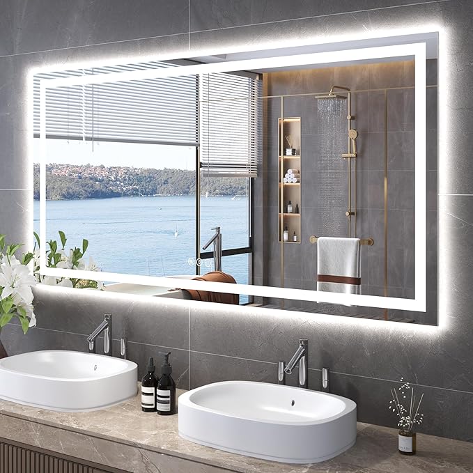 Snowdool 60"X30" LED Bathroom Mirror with Front Lights and Backlit, Anti-Fog, Dimmable, Shatter-Proof Tempered Glass, Lighted Bathroom Vanity Mirror for Wall with 3 Colors, Memory Function