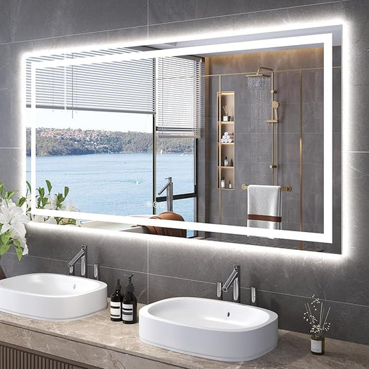 Snowdool 60"X30" LED Bathroom Mirror with Front Lights and Backlit, Anti-Fog, Dimmable, Shatter-Proof Tempered Glass, Lighted Bathroom Vanity Mirror for Wall with 3 Colors, Memory Function