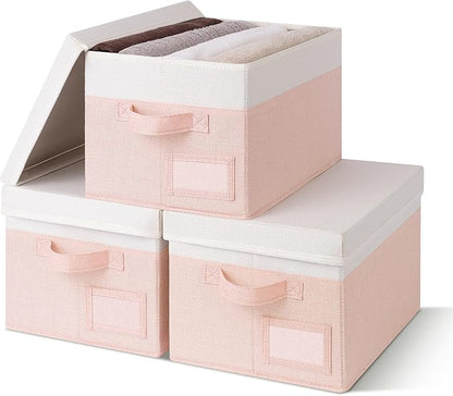 GRANNY SAYS Storage Bins with Lids, Storage Boxes for Organizing, Storage Baskets with Label, Closet Organizers and Storage, Storage Bins for Shelves, Decorative Storage Boxes, 3-Pack, Pink&Ivory