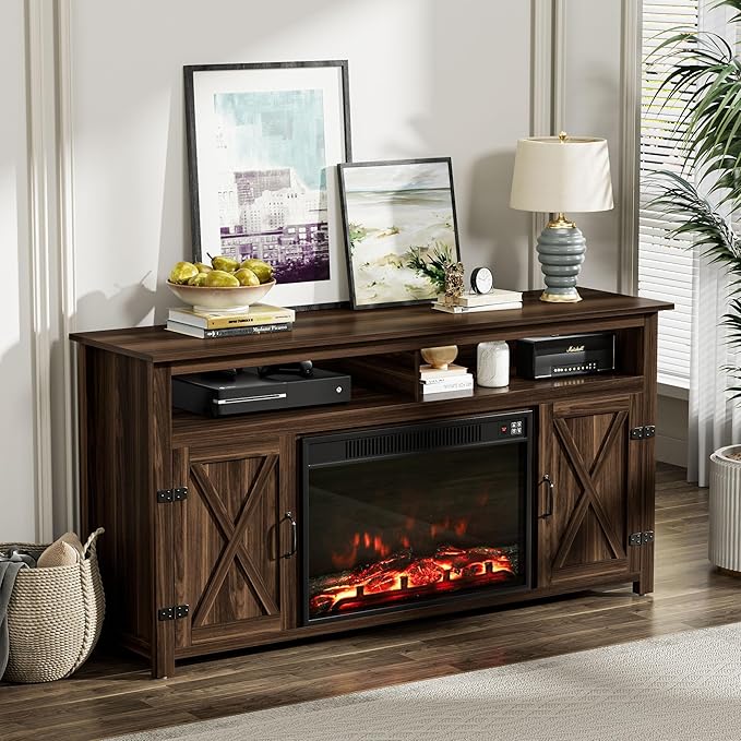 YESHOMY Fireplace TV Stand for Television up to 65+ Inch with Storage and Farmhouse Barn Doors, Entertainment Center with Cabinet and Shelves, Media Console for Living Room, Walnut