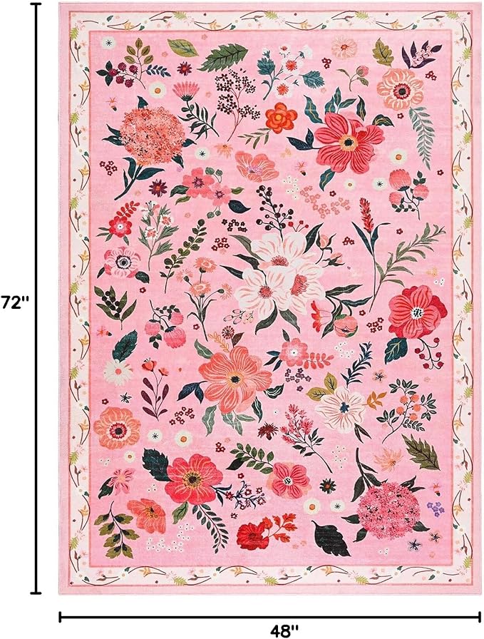 Macgace Pink Floral Rug for Girls Bedroom, 4x6 Machine Washable Area Rugs with Non Slip Backingfor Living Room, Cute Flowers Carpet Kitchen Dining Room Kids Playroom Decor